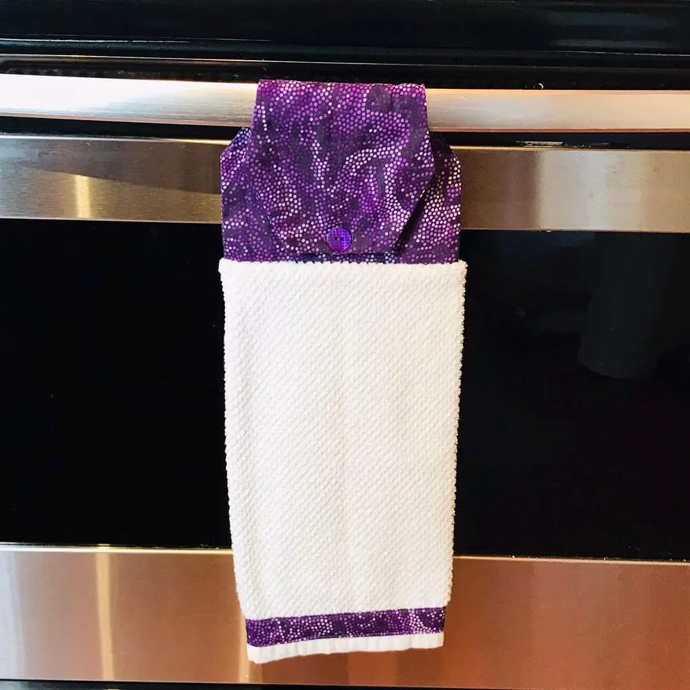 Hanging Kitchen Towel: Purple Swirled Tiny Dots Topper, Button Closure